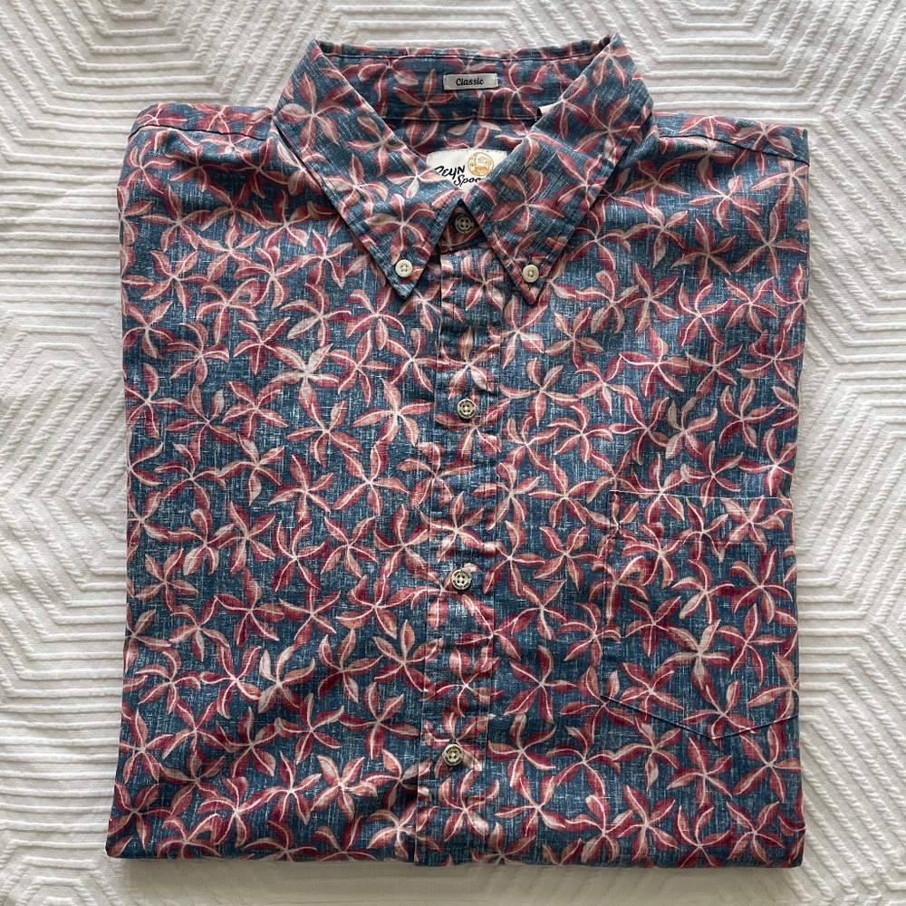 Reyn Spooner Men's 2XL Classic Pua Showers Aloha Button Down Shirt Blue Mauve